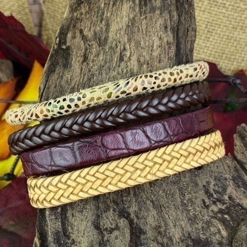 Mens Adjustable Leather Bracelets Bundle 4 Piece Adjustable Size